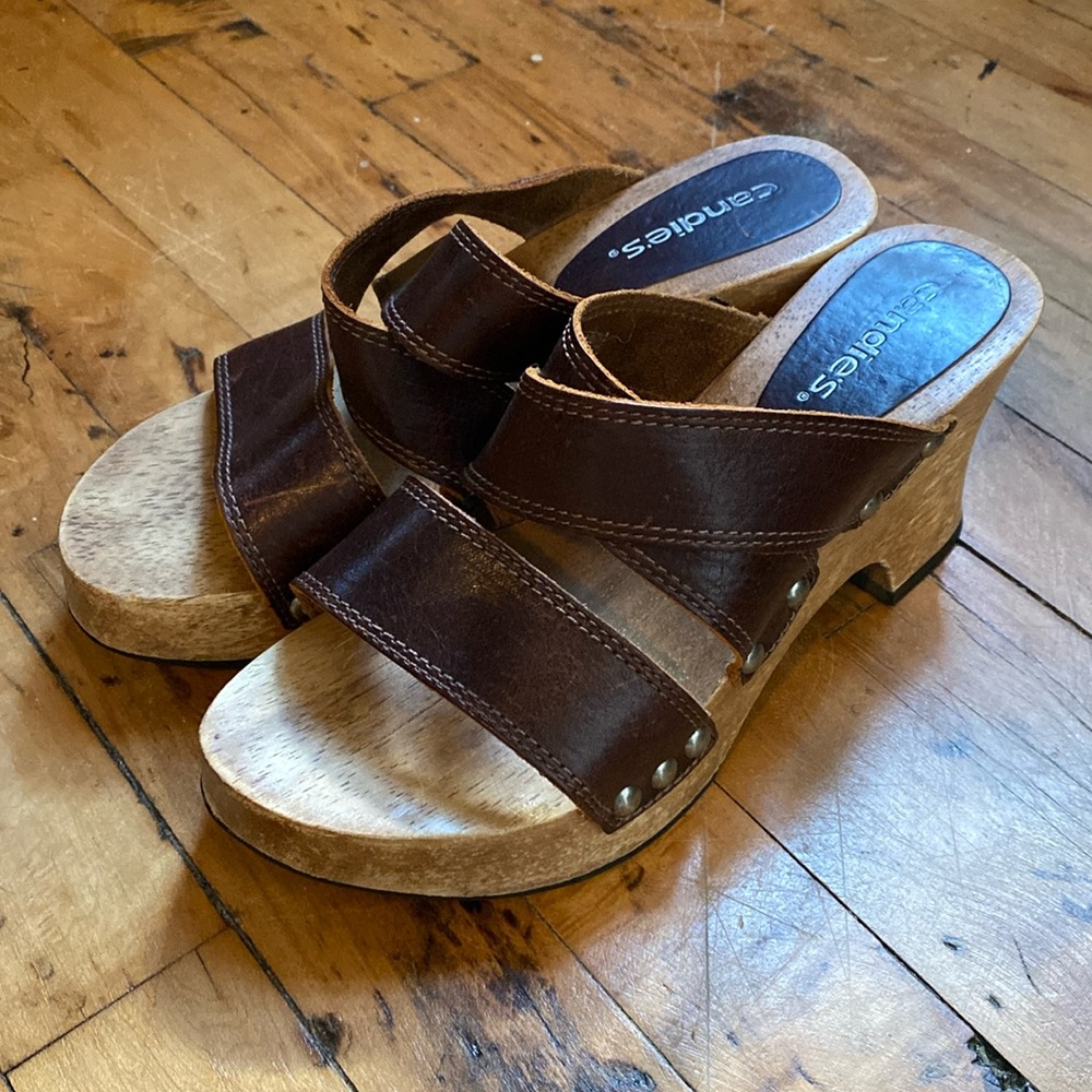 Vintage Candie’s wood and leather clogs size 8